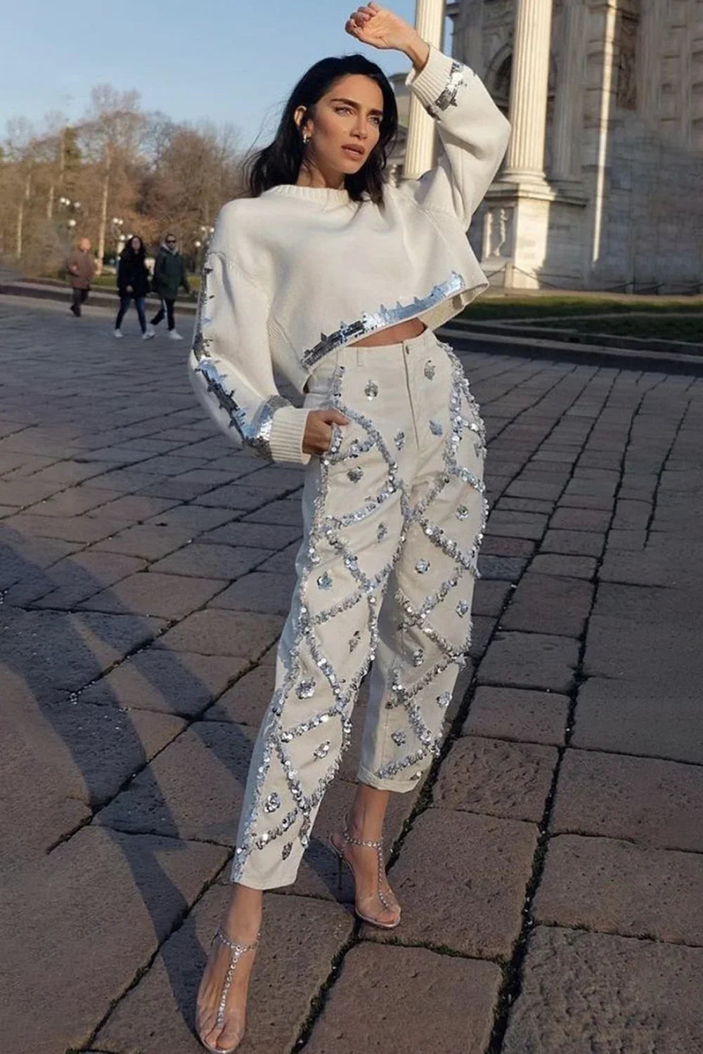 Spring Women Sequin Knitted Sweater Casual Cropped Top Round Neck Long Sleeved Pullover Knitted Hoodies Fashion Chic Outerwear