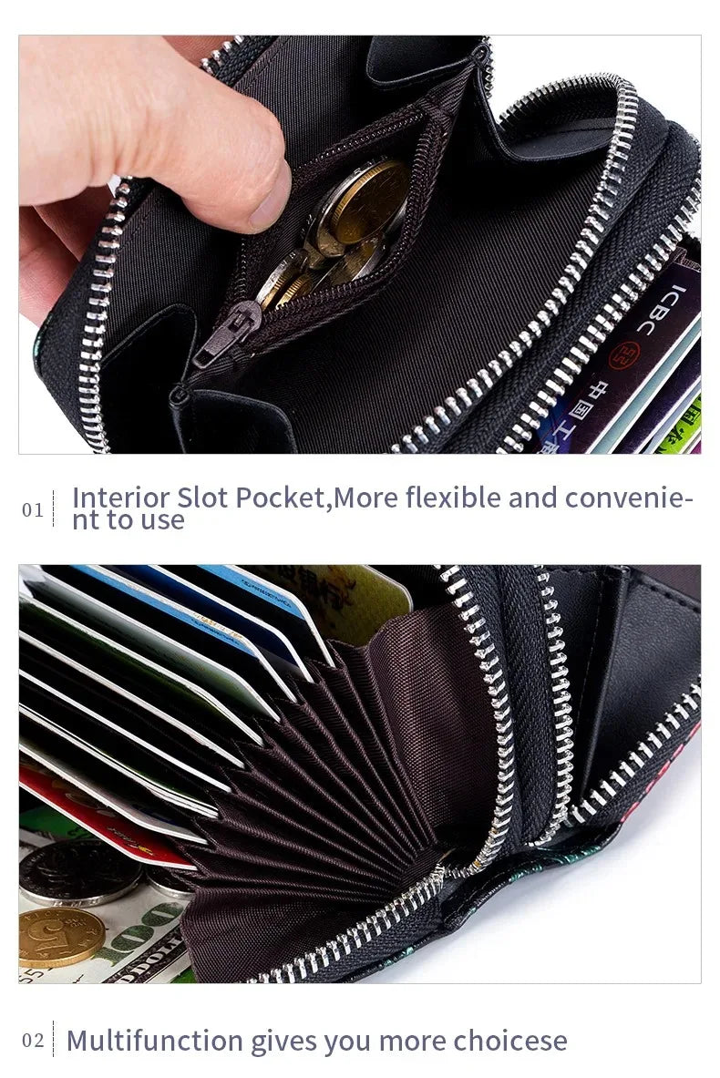 RFID Blocking Women Card Holder Split Leather Double Zipper Card Case Large Capacity Flower Printed Lady Women Wallets Purse