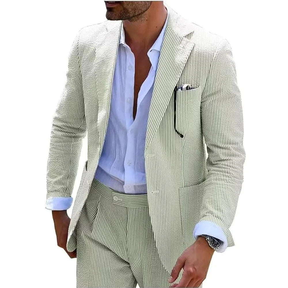 Summer Stripe Men Suits 2 Pieces Seersucker Notched Lapel Wedding Party Suit Jacket Pants Casual Blazer Slim Fit Suits for Men