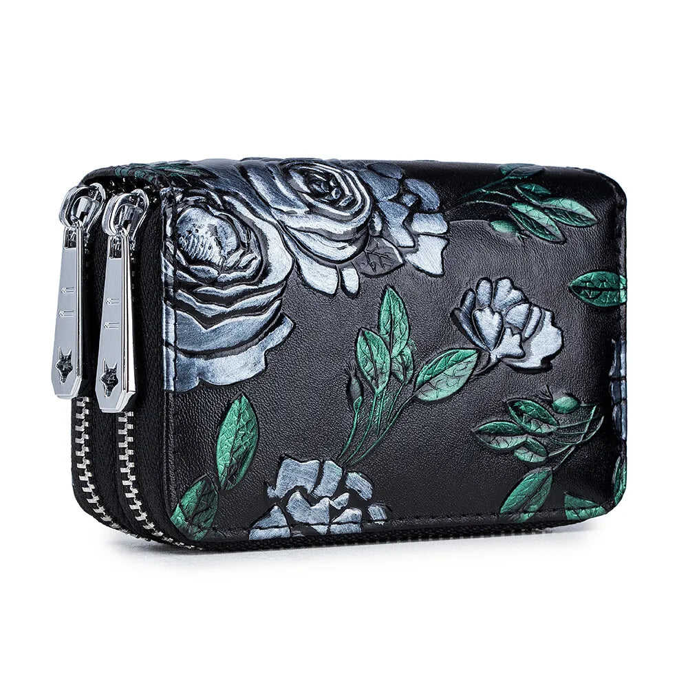 RFID Blocking Women Card Holder Split Leather Double Zipper Card Case Large Capacity Flower Printed Lady Women Wallets Purse