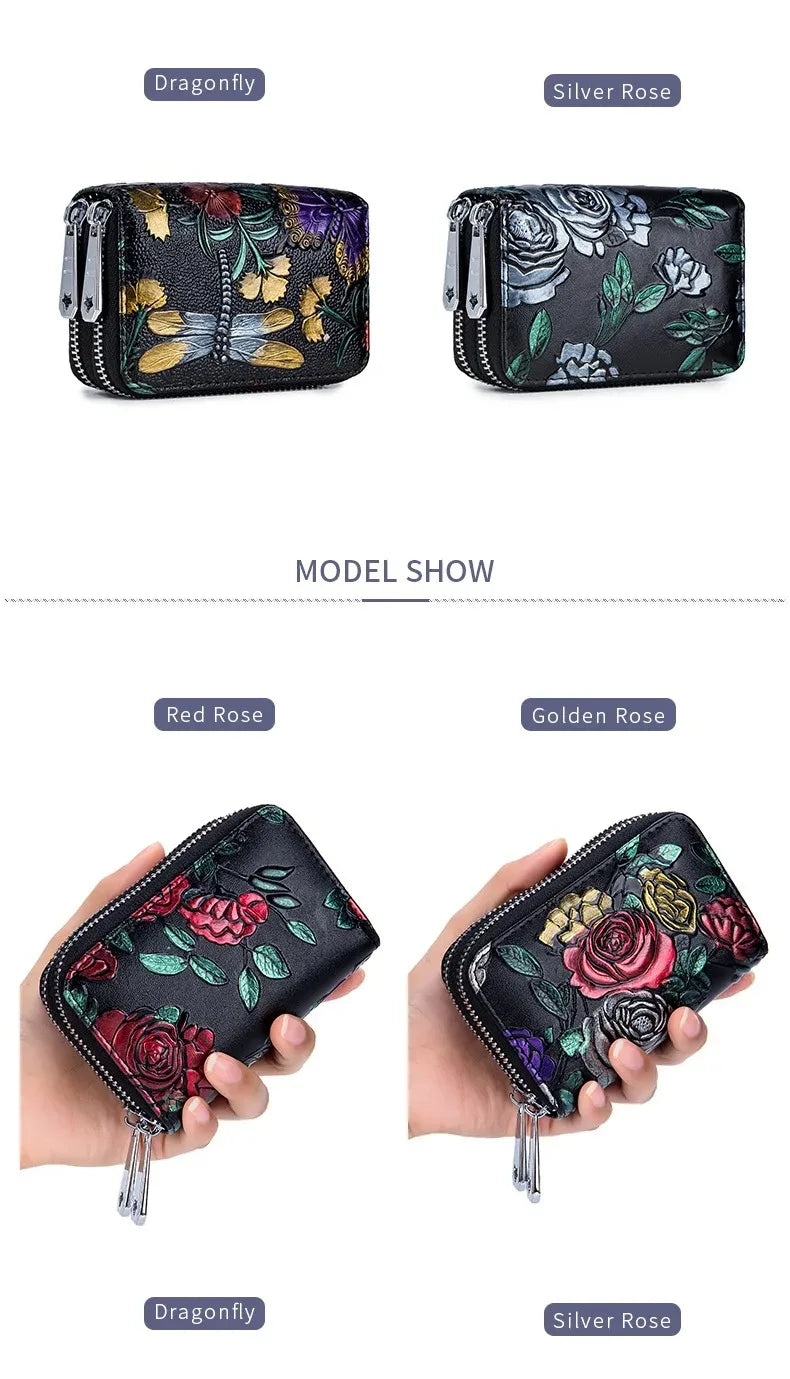 RFID Blocking Women Card Holder Split Leather Double Zipper Card Case Large Capacity Flower Printed Lady Women Wallets Purse