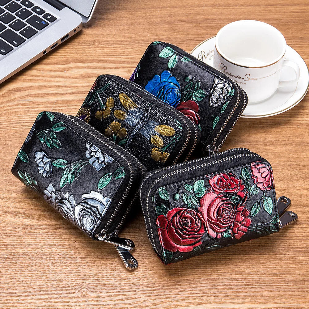 RFID Blocking Women Card Holder Split Leather Double Zipper Card Case Large Capacity Flower Printed Lady Women Wallets Purse