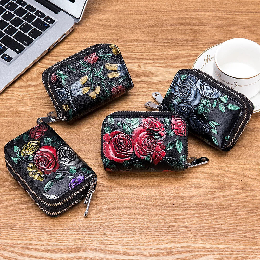 RFID Blocking Women Card Holder Split Leather Double Zipper Card Case Large Capacity Flower Printed Lady Women Wallets Purse