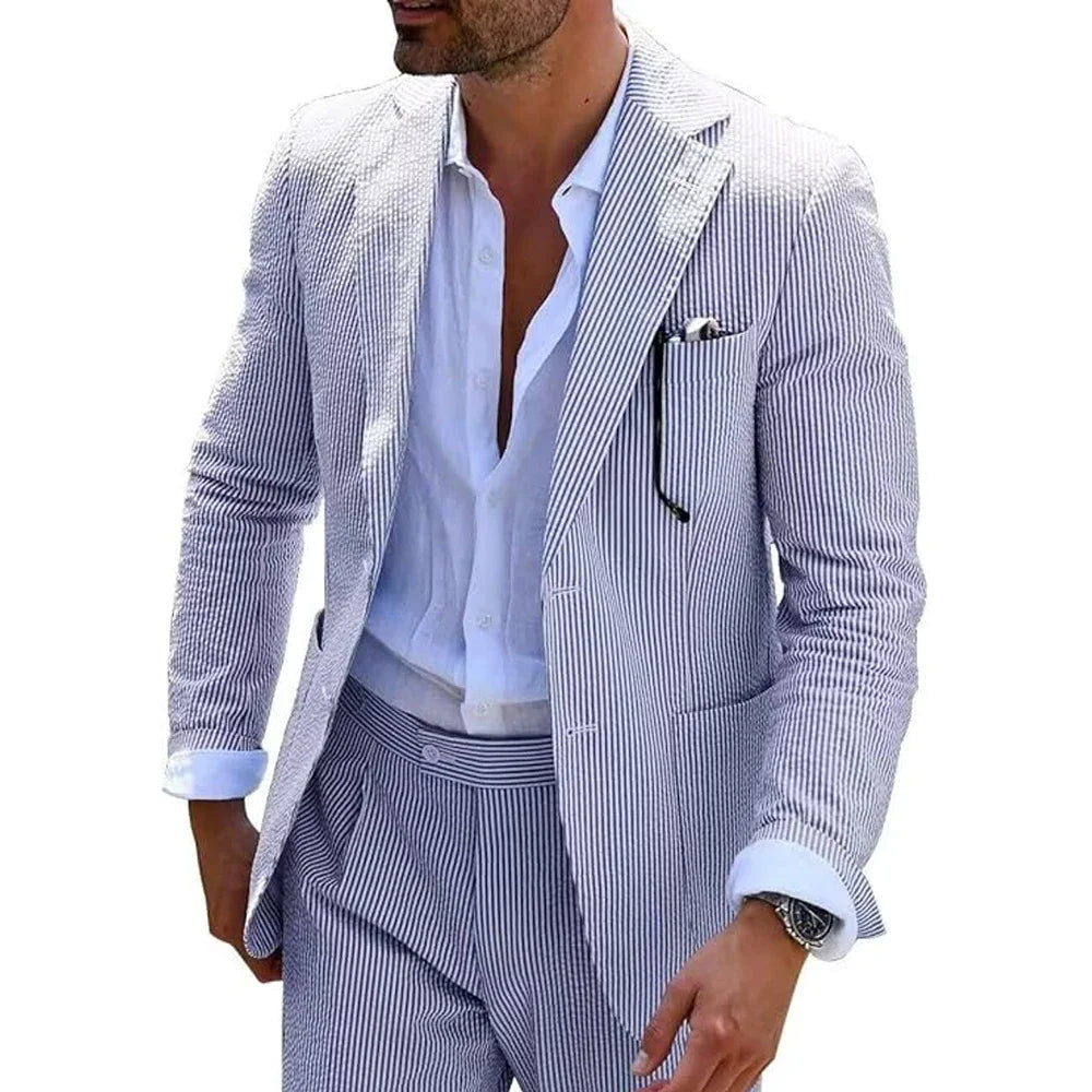 Summer Stripe Men Suits 2 Pieces Seersucker Notched Lapel Wedding Party Suit Jacket Pants Casual Blazer Slim Fit Suits for Men