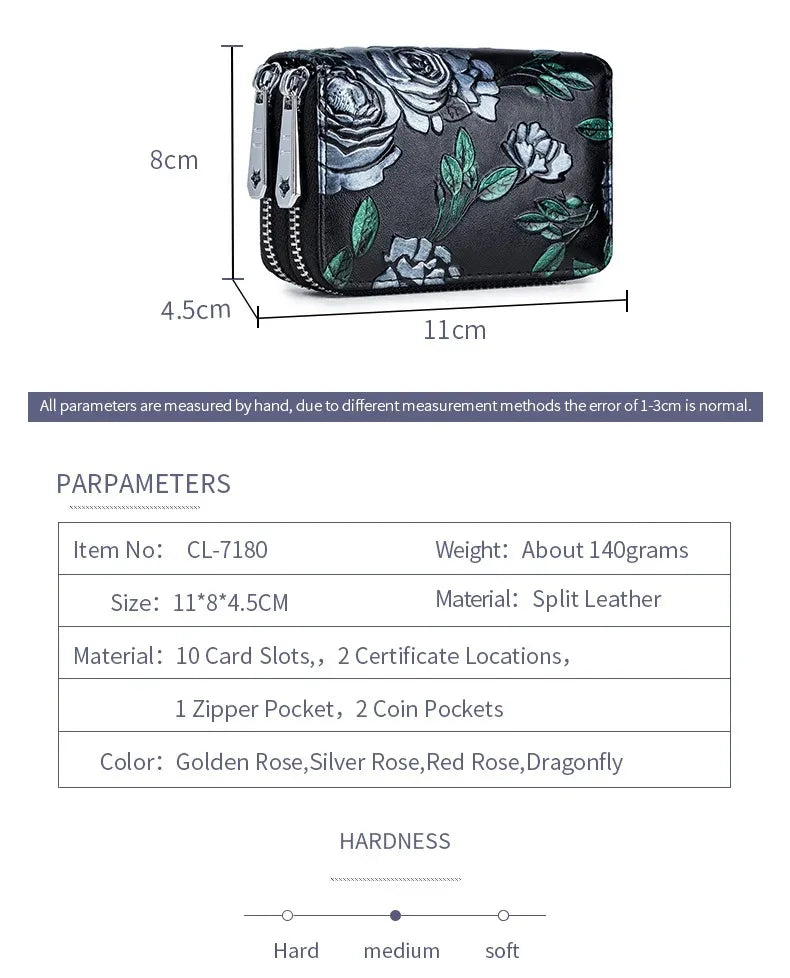 RFID Blocking Women Card Holder Split Leather Double Zipper Card Case Large Capacity Flower Printed Lady Women Wallets Purse