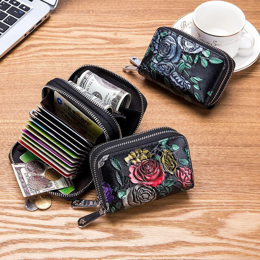 RFID Blocking Women Card Holder Split Leather Double Zipper Card Case Large Capacity Flower Printed Lady Women Wallets Purse