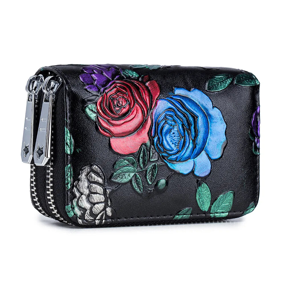 RFID Blocking Women Card Holder Split Leather Double Zipper Card Case Large Capacity Flower Printed Lady Women Wallets Purse