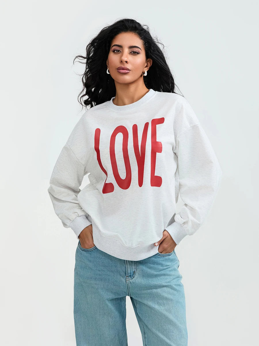 Valentine s Day Women s Casual Loose Fit Sweatshirt with Long Sleeves and Round Neckline Featuring Letter Print Design