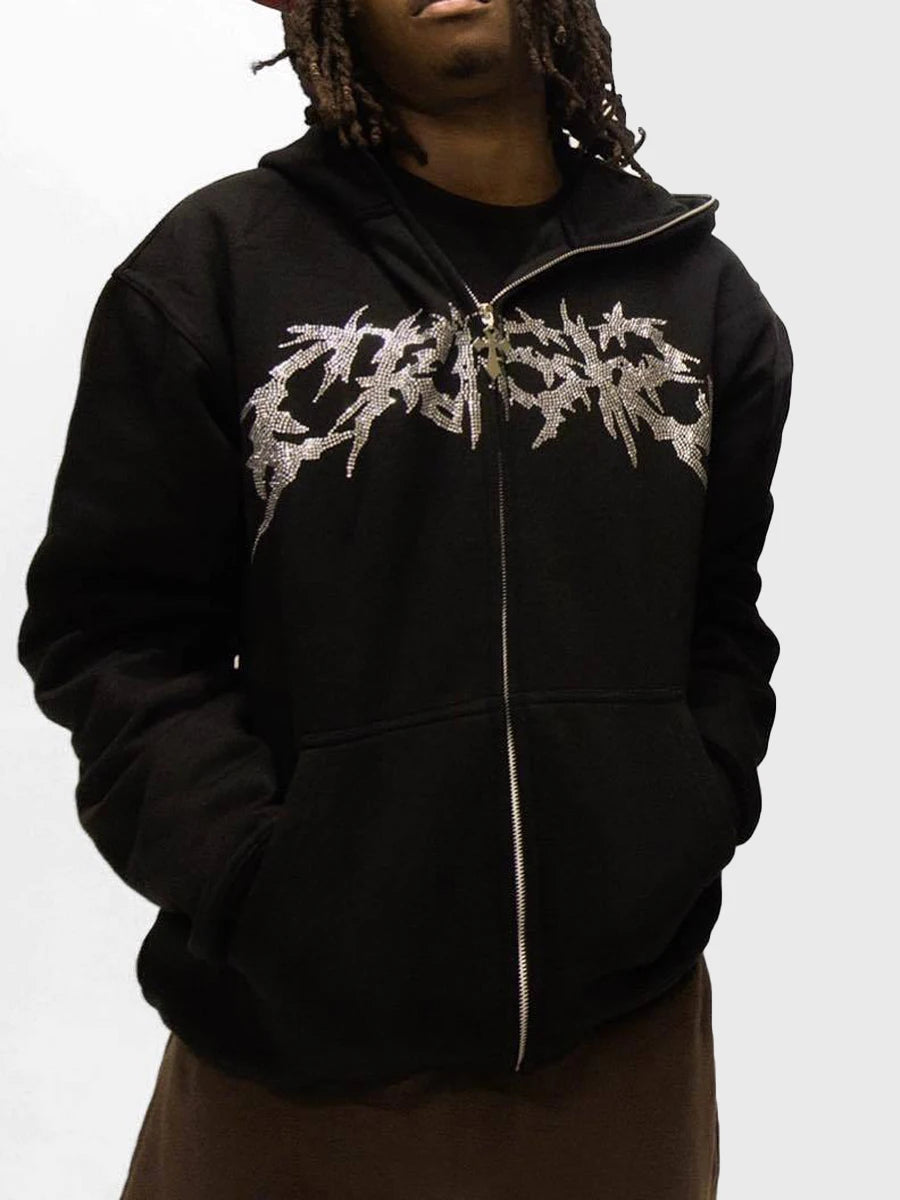 Men Women Hoodie Long Sleeve Hot Fix Drill Zipper Closure Sweatshirt Jacket with Pockets