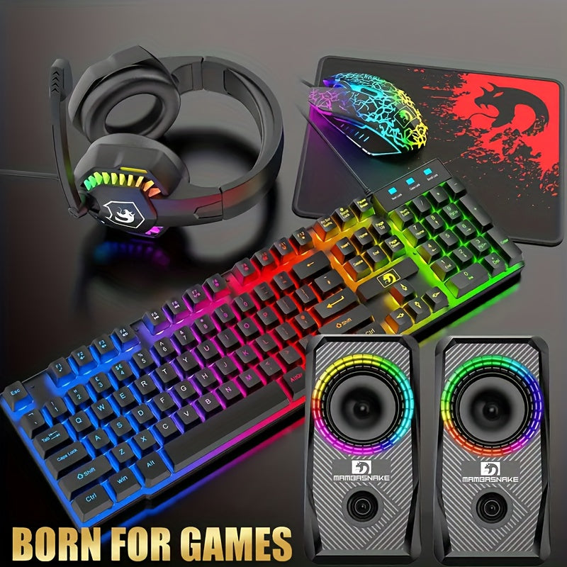 MAMBASNAKE Wired 104 Keys Gaming Keyboard Mouse Headphone Speaker 5in1 Combo with Multi RGB Backlight 2400DPI Mice Large Mouse Pad for Computer PC Gaming Mac PS4 Xbox One for new year gift