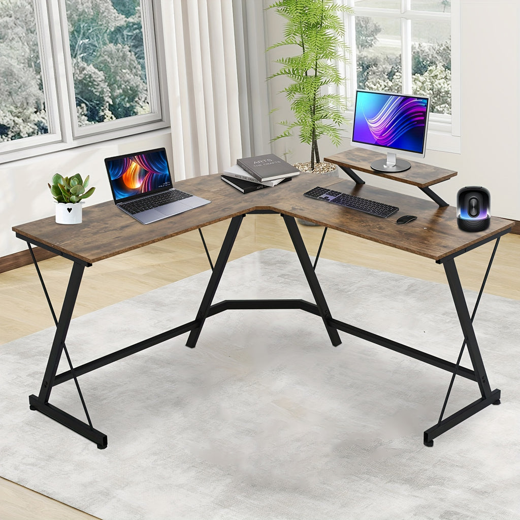 L Shaped Gaming Desk Computer Corner Desk PC Gaming Desk Table With Large Monitor Riser Stand For Home Office Sturdy Writing Workstation