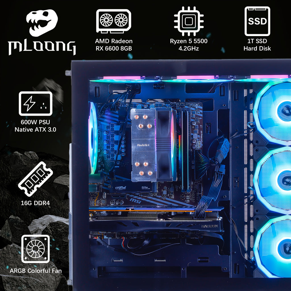 Mloong Gaming PC with AMD Ryzen 5 5500, Radeon RX 6600, 1TB SSD, 16GB RAM, 4K Gaming, RGB Lighting, 3ms Response Time, 110V/220V, 4K Gaming Setup, Gaming Desktop, Gaming Pc, Gaming Setup, Gaming Pc, Gaming